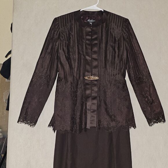 KAREN LAWRENCE BY MATTHEW DRESS Size 6 Chocolate Brown Silk/Lace Gown and Jacket - Picture 2 of 16